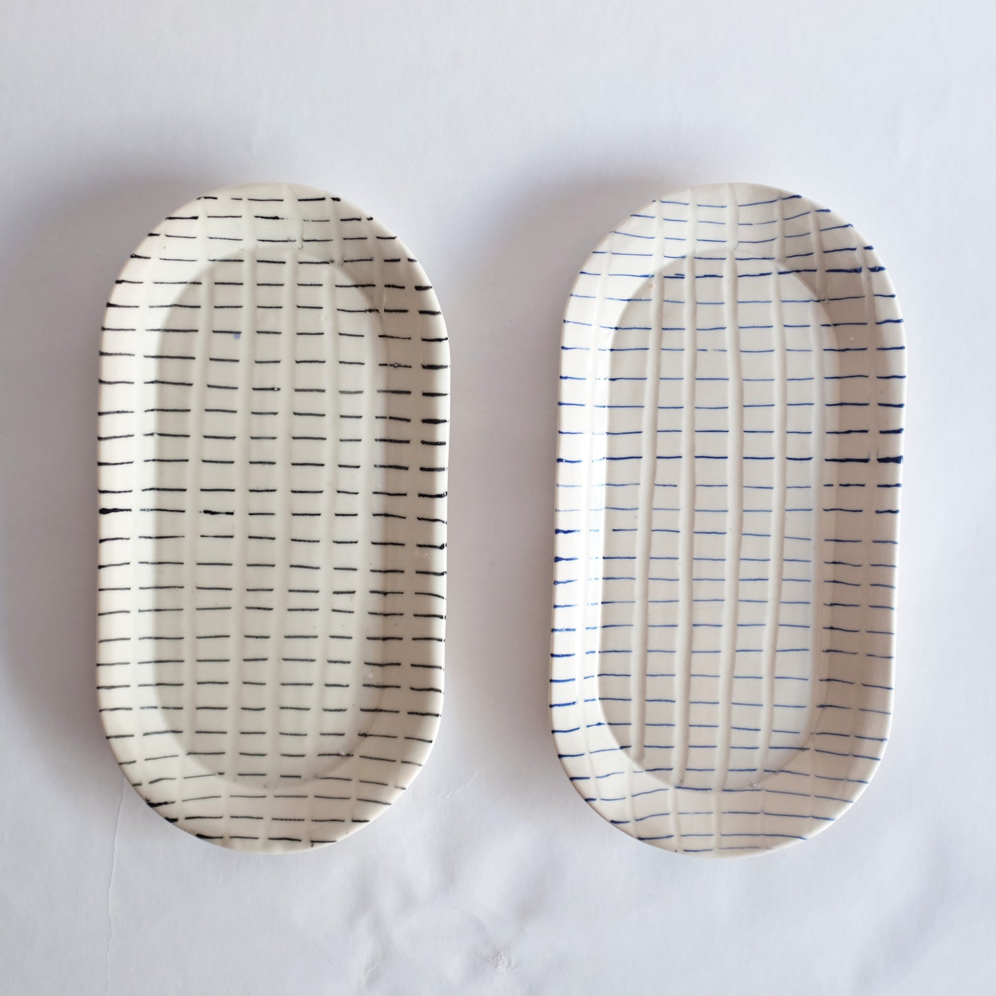 Cream with Dashed Blue Lines Oval Platter