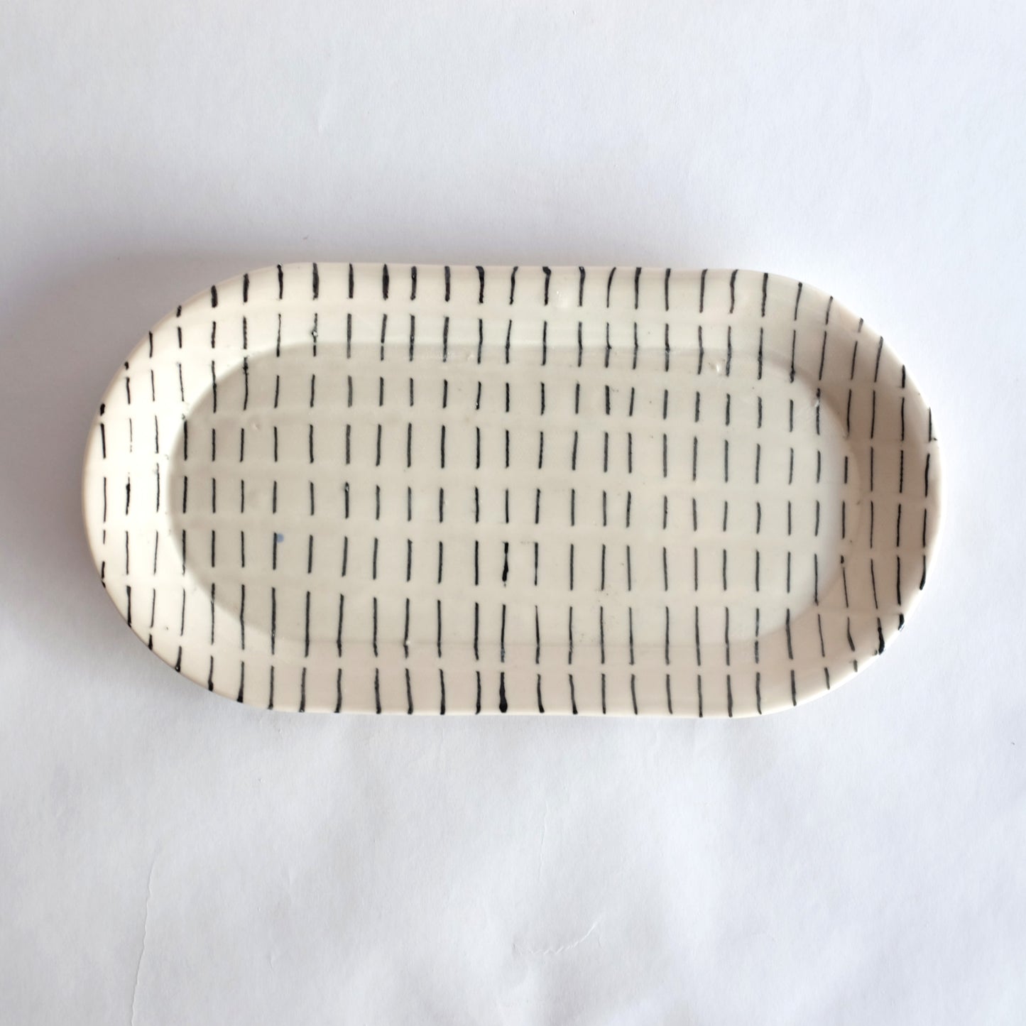 Cream with Dashed Blue Lines Oval Platter